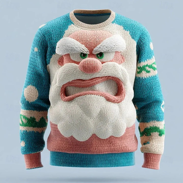 Unisex 3D holiday sweater in Anger color variant with a grumpy facial design