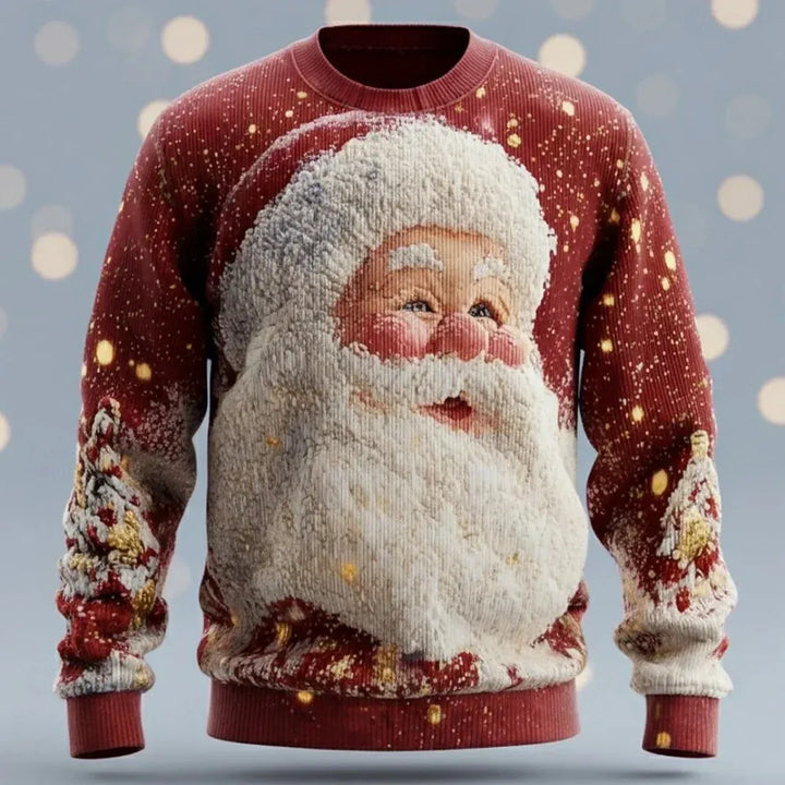 Close-up of novelty 3D Christmas sweater fabric and holiday party knit details