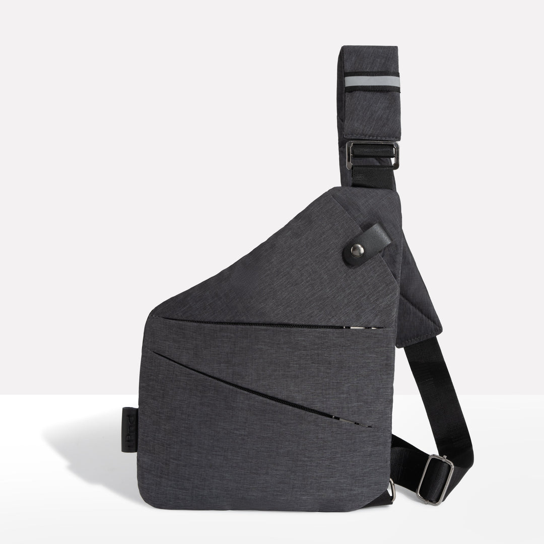Dark grey unisex anti-theft crossbody sling bag shown against a white background