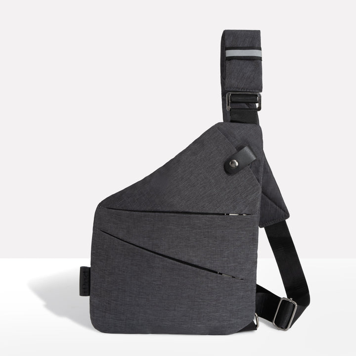 Dark grey unisex anti-theft crossbody sling bag shown against a white background