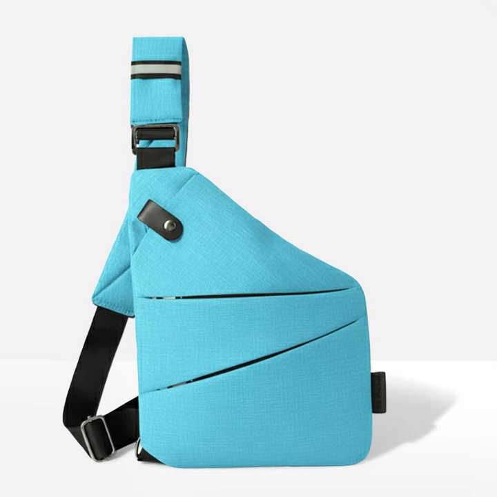 Demonstrating hidden anti-theft zipper pocket against the back panel of the sling bag