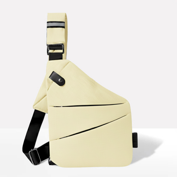 Quick-access front pocket detail of the unisex anti-theft everyday shoulder bag