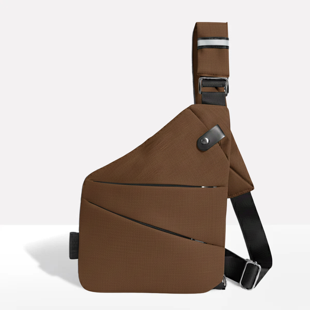 Night safety reflective strip on the secure commuter sling bag for low-light visibility