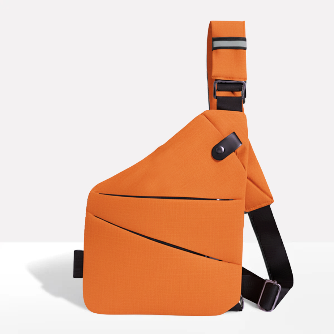 Traveler wearing the sleek RFID blocking sling bag walking through an airport terminal