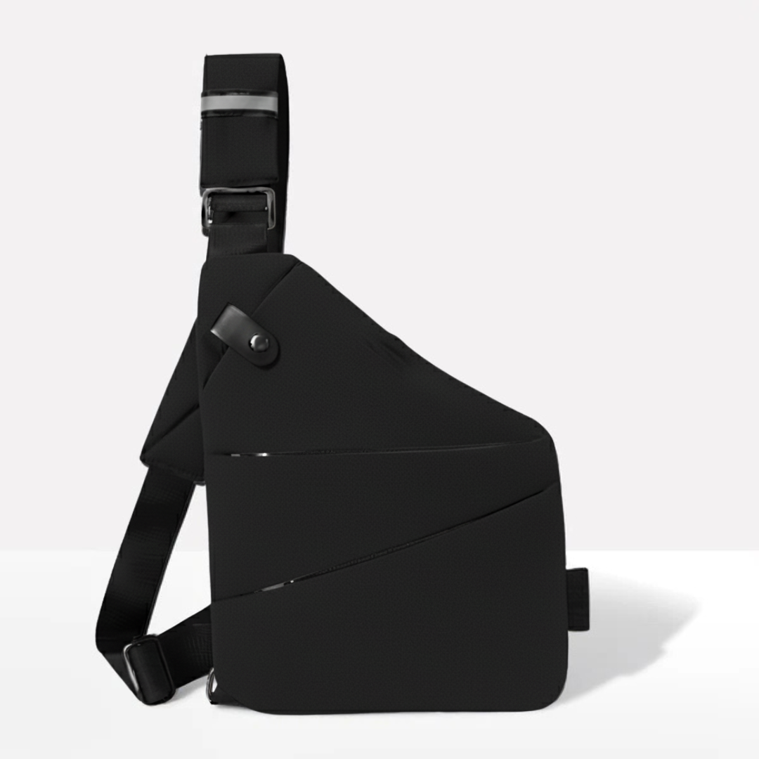 Left-handed strap configuration of the black anti-theft crossbody bag