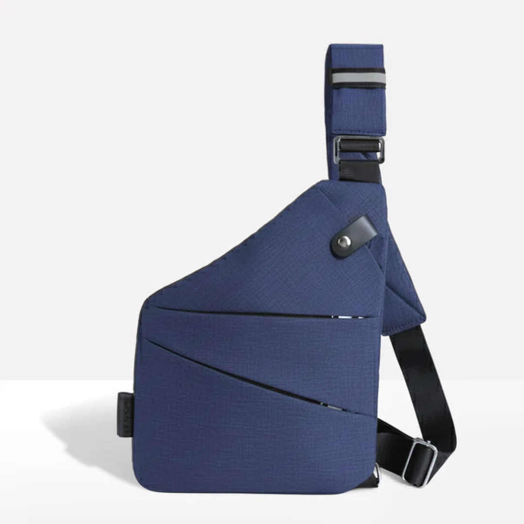 Unisex anti-theft crossbody bag front view showing secure zipper design and sleek commuter style
