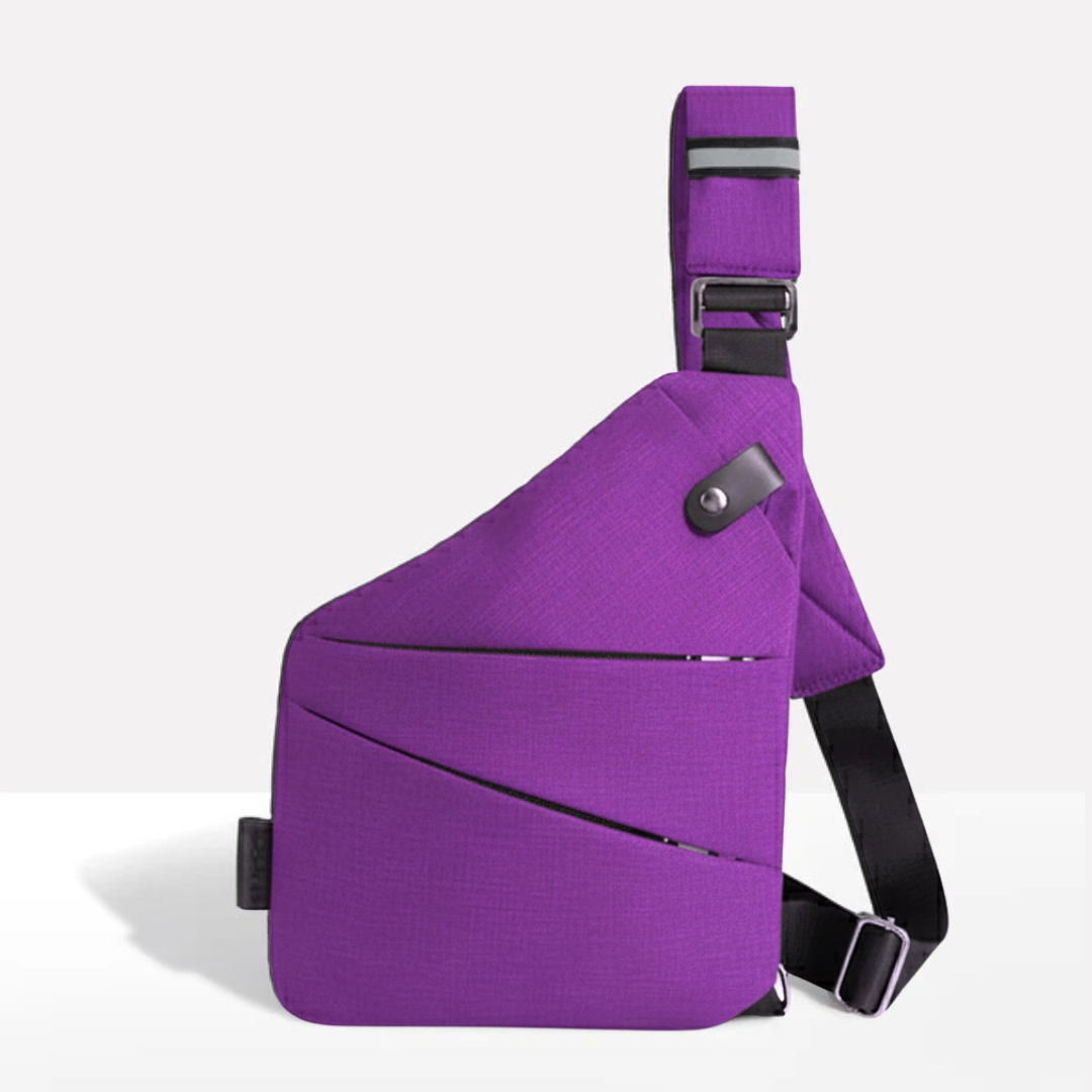 Detailed shot of the adjustable shoulder strap and heavy-duty buckle on the sling bag