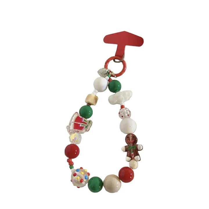 Unisex Christmas-themed beaded keychain charm featuring holiday icons on a red tag