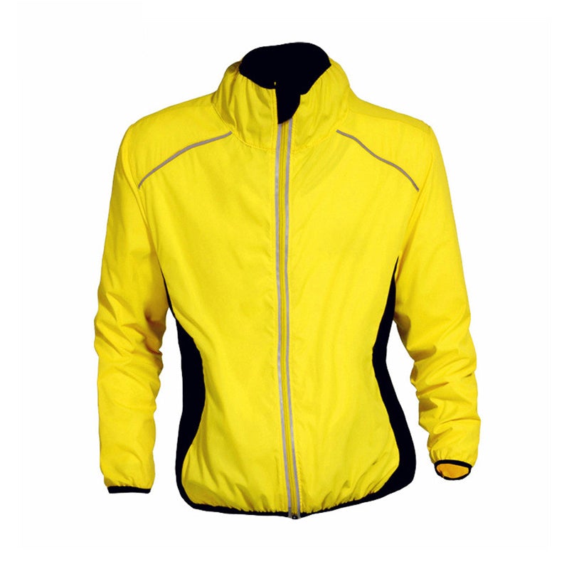 Unisex cycling wind jacket back view featuring high visibility reflective strips for night safety