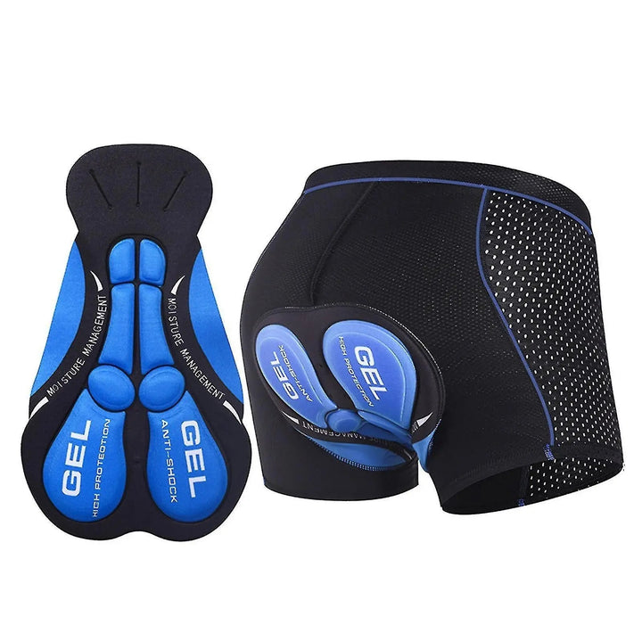 Unisex blue gel padded bike shorts with detailed chamois pad
