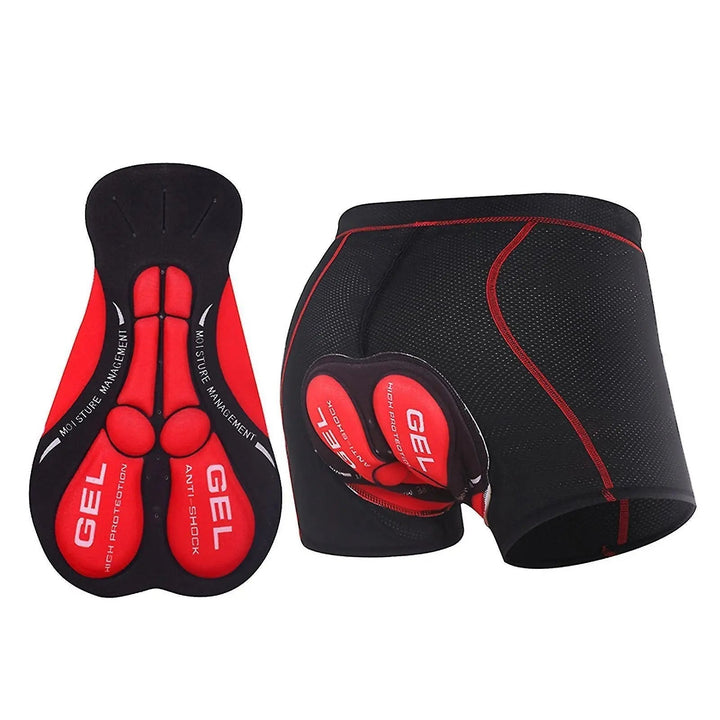 Red variant of gel padded bicycle shorts with specialized cushioning