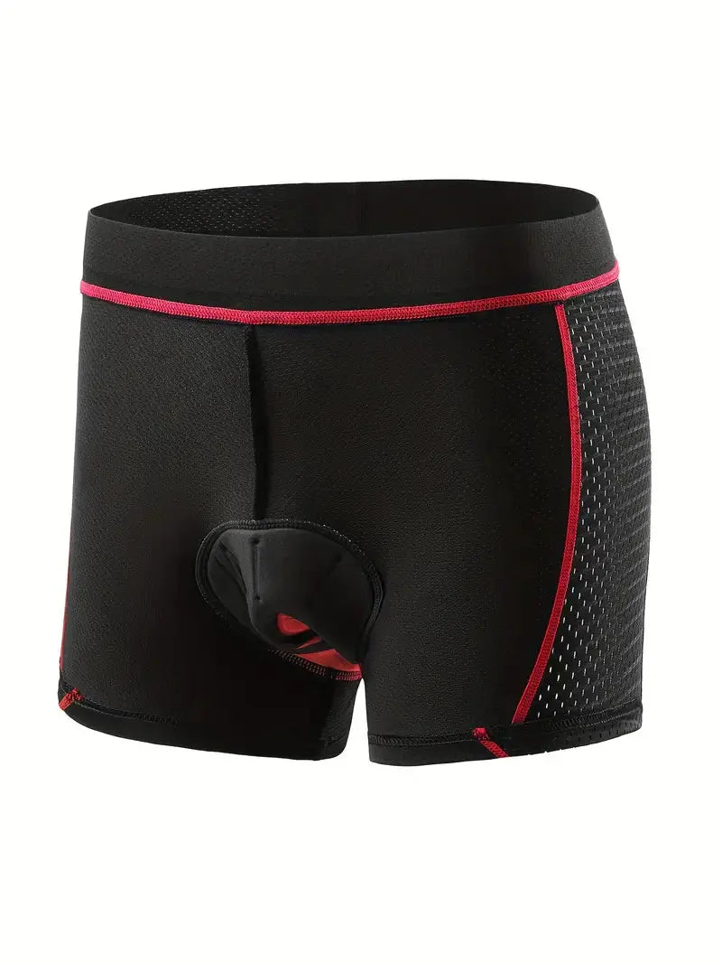 Back view of comfortable unisex gel padded bike shorts in red and blue