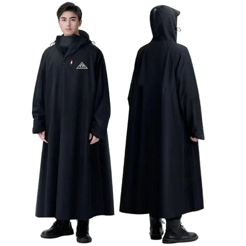 Unisex long black waterproof rain poncho viewed from front and back