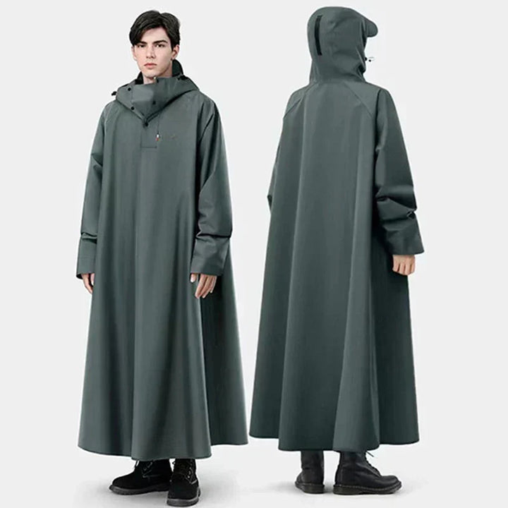 Unisex long green waterproof rain poncho displayed on model