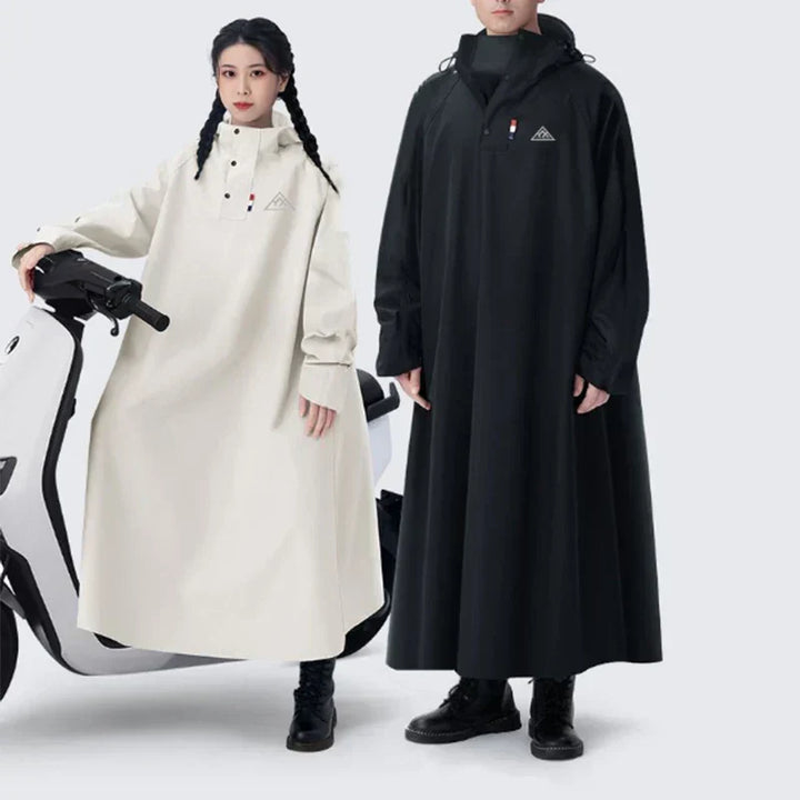 Side view of the cycling rain cape showing full coverage and hood design