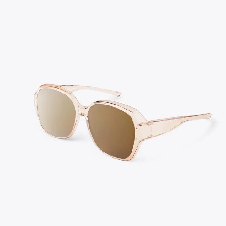 Model wearing unisex polarized over-glasses sunglasses outdoors for vision care