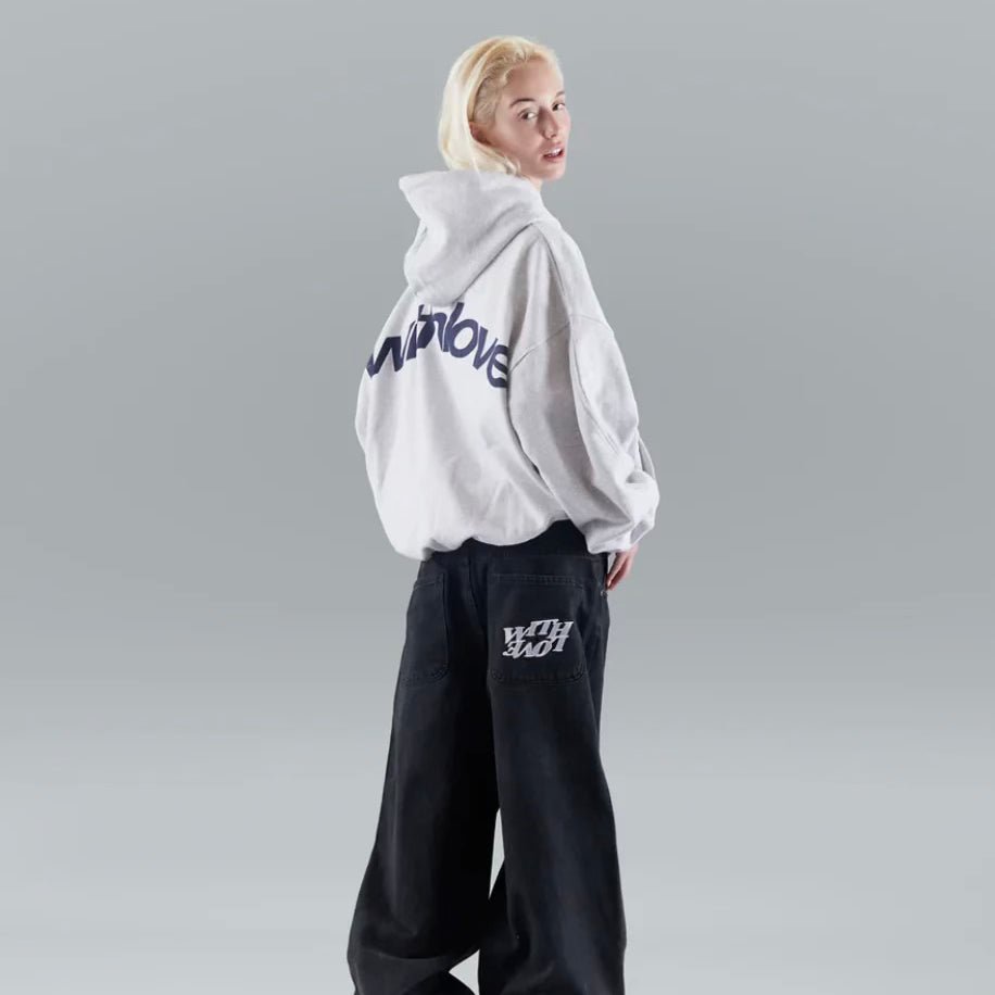 Back view of a trendy fall fashion graphic hoodie