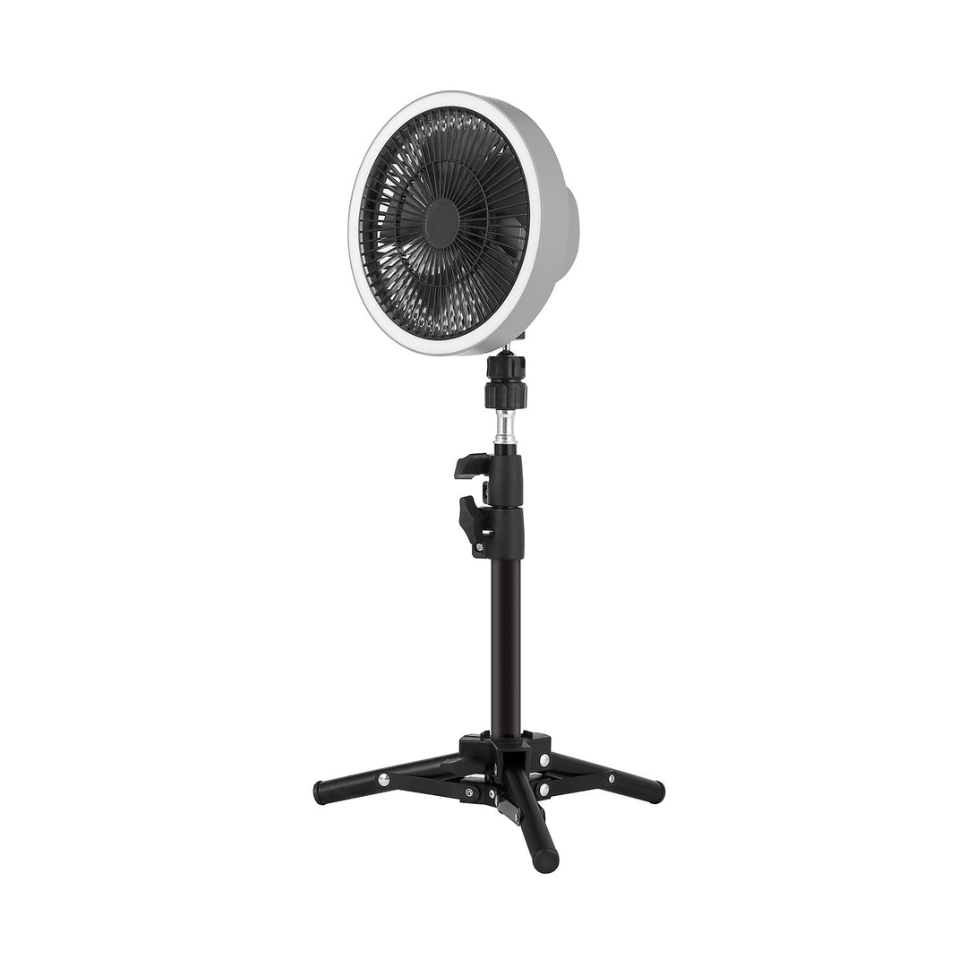 Adjustable height stand fan in light grey with tripod base