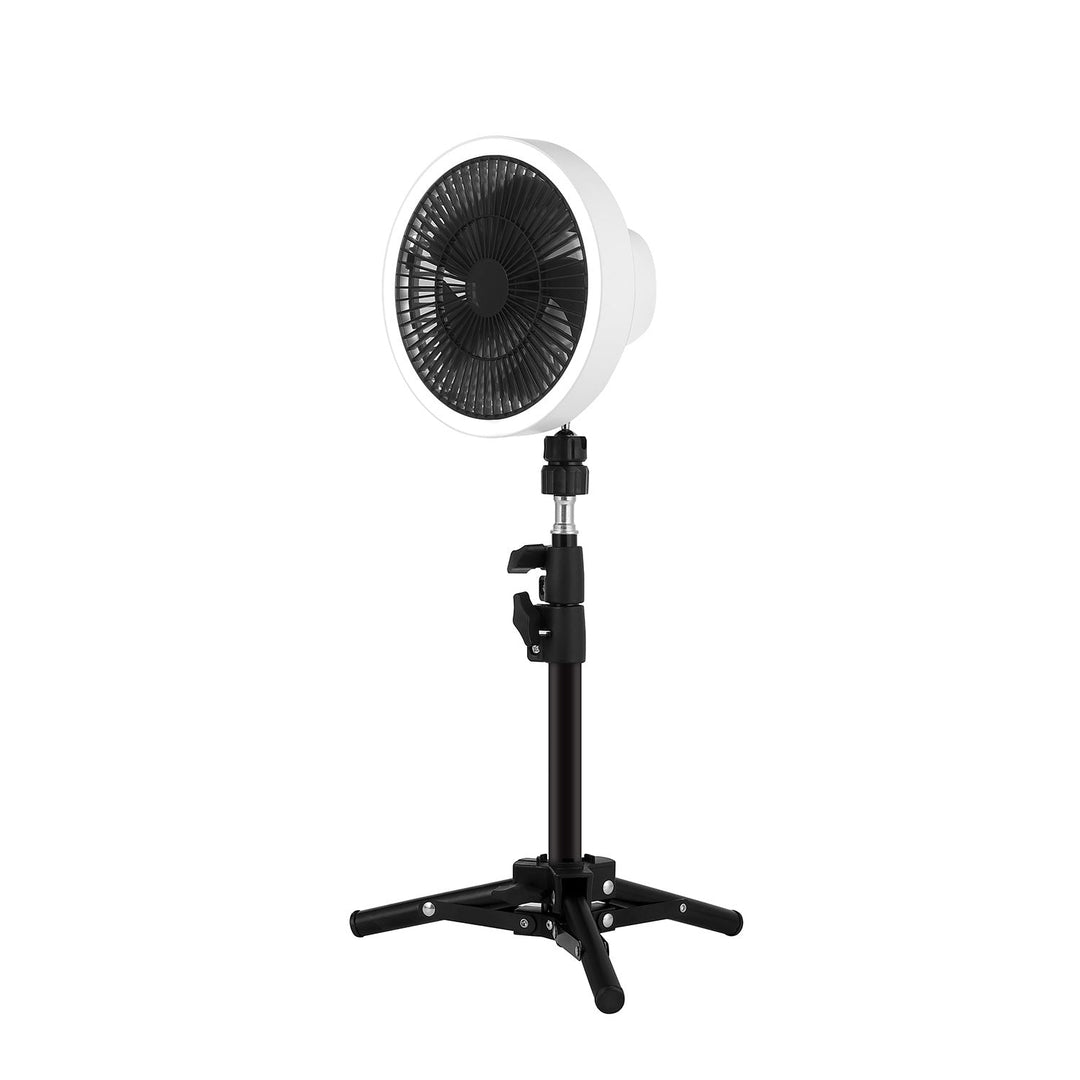 White adjustable height stand fan with tripod base