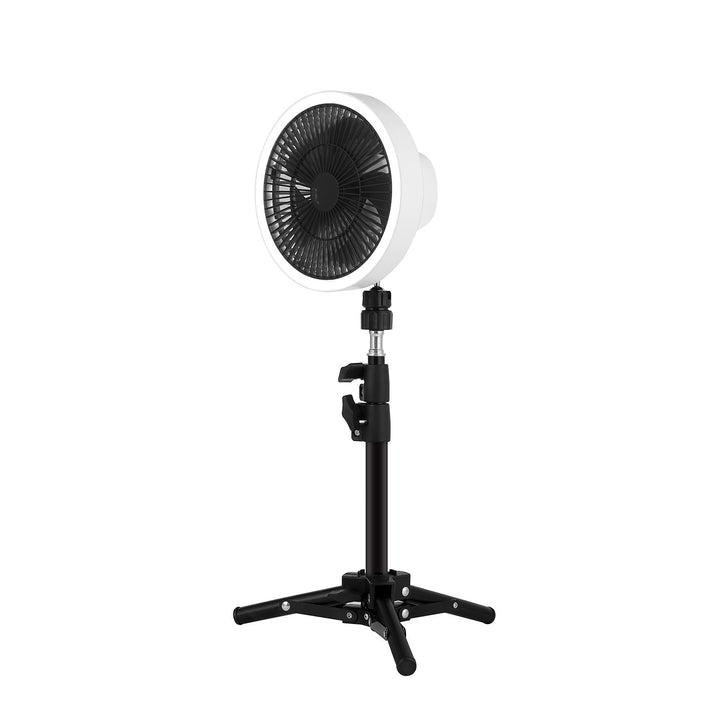 White adjustable height stand fan with tripod base