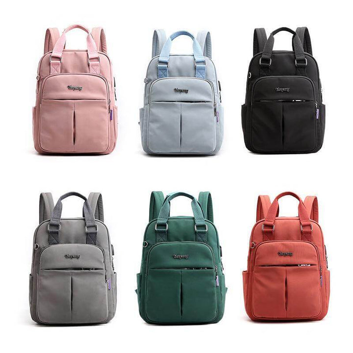 Six colorful waterproof multifunctional backpacks displayed together in black, gray, pink, green, light blue, and red.