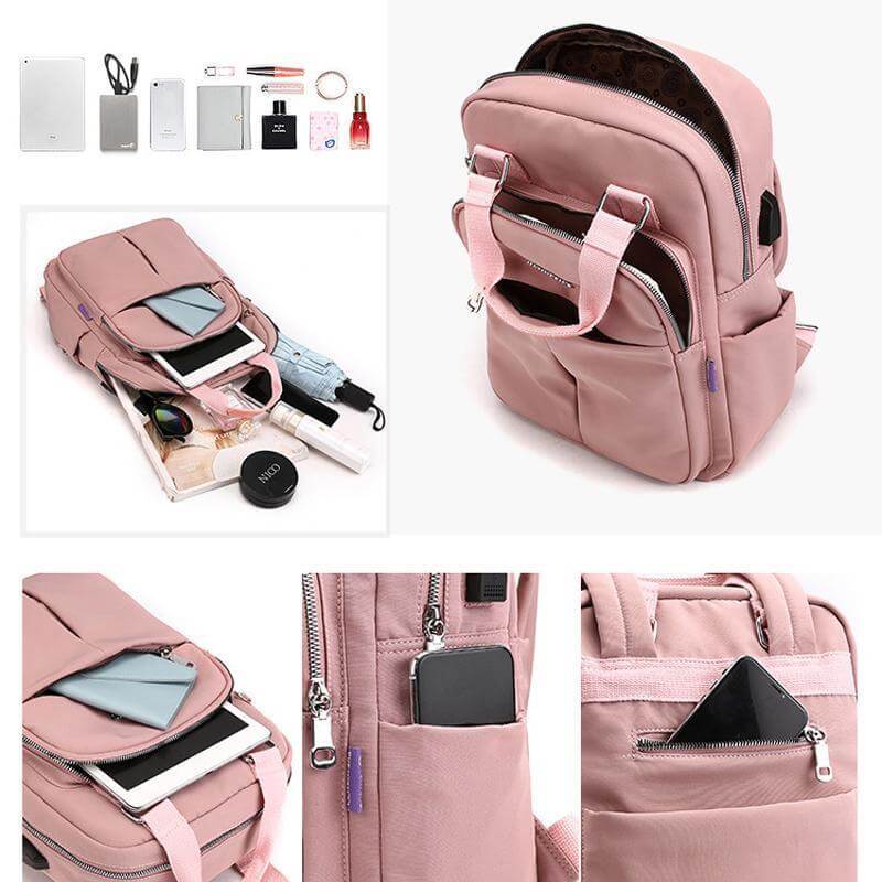 Multifunctional school bag interior compartment holding laptop and books