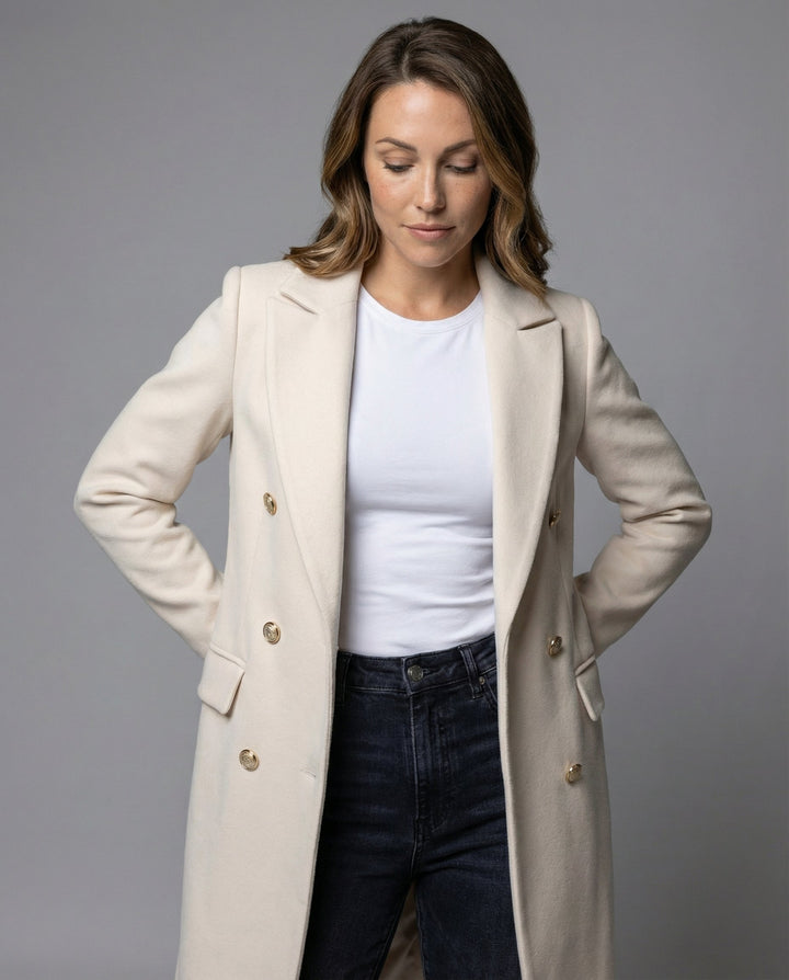 Close-up front view of a woman in a double-breasted winter coat showcasing buttons