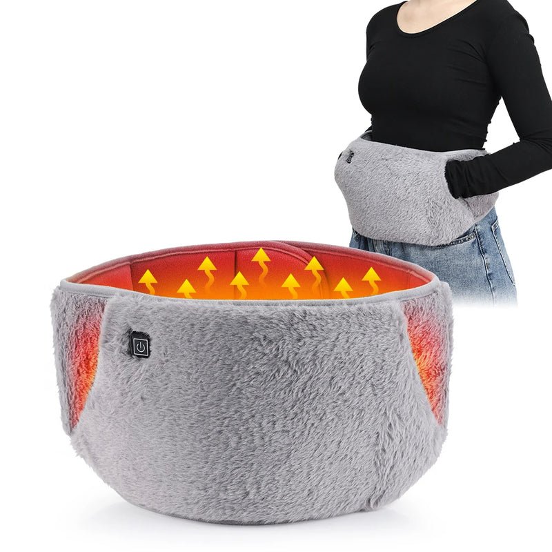 Grey USB heating belt worn around waist with hand warming pocket and power control button