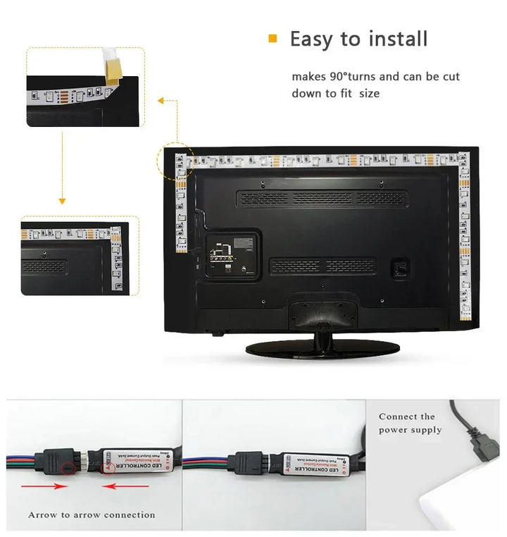 USB connector plugged in, powering the vibrant color changing LED lights for TV decor