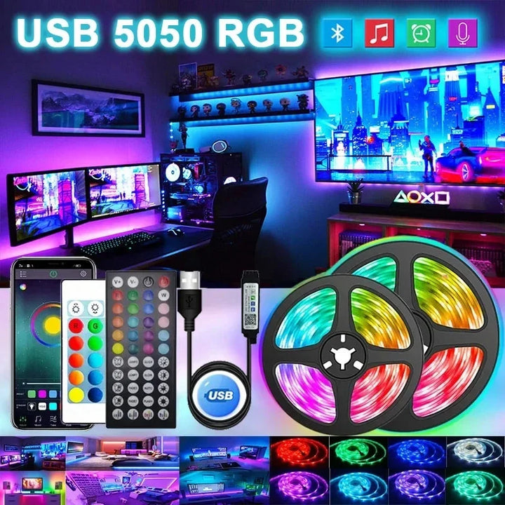Remote control and color changing LED strip lights arranged neatly on a flat surface