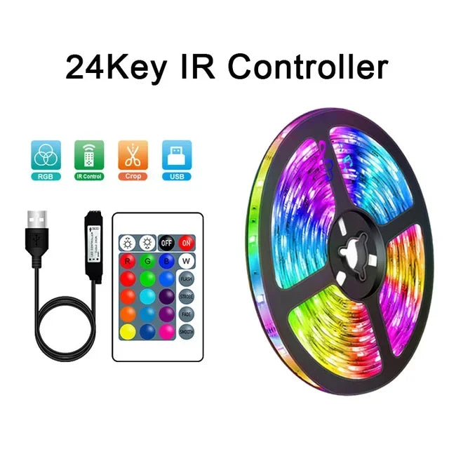 Complete package of USB RGB LED strip light with controller ready for room decoration