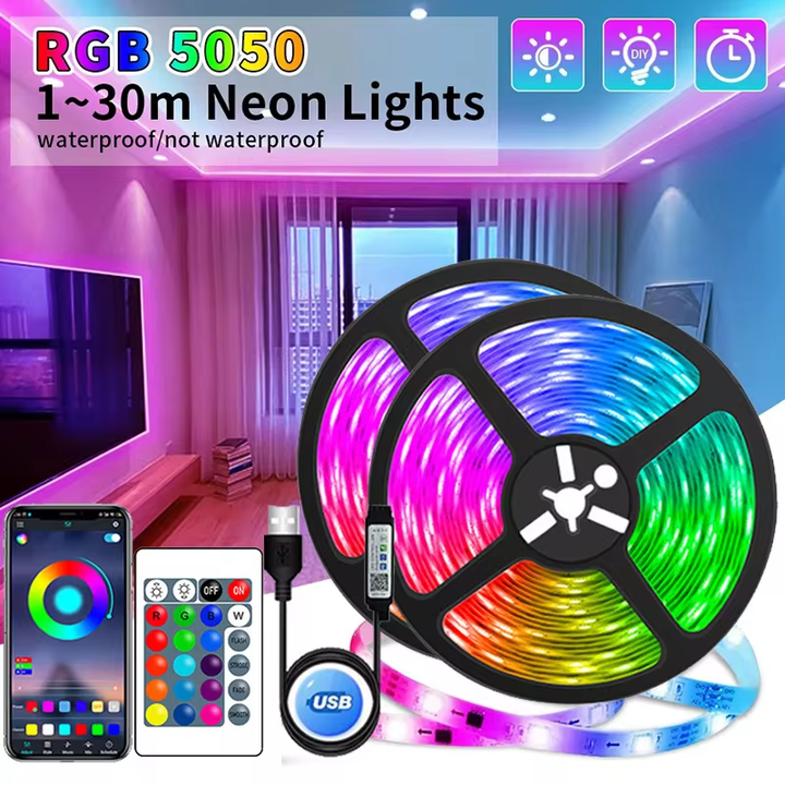 LED strip setup showing smartphone app control, IR remote, and TV backlight application