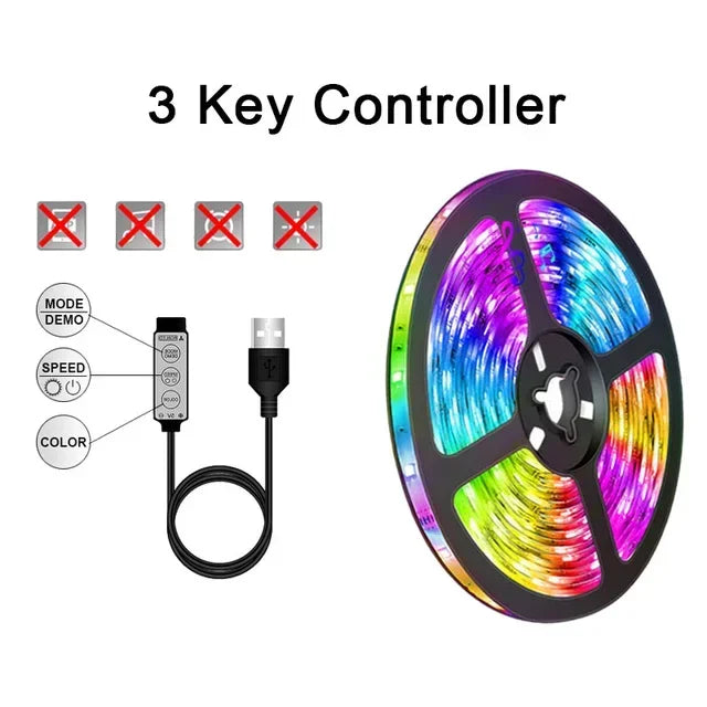 Detailed view of the 3-button controller and USB connection plug for LED strip