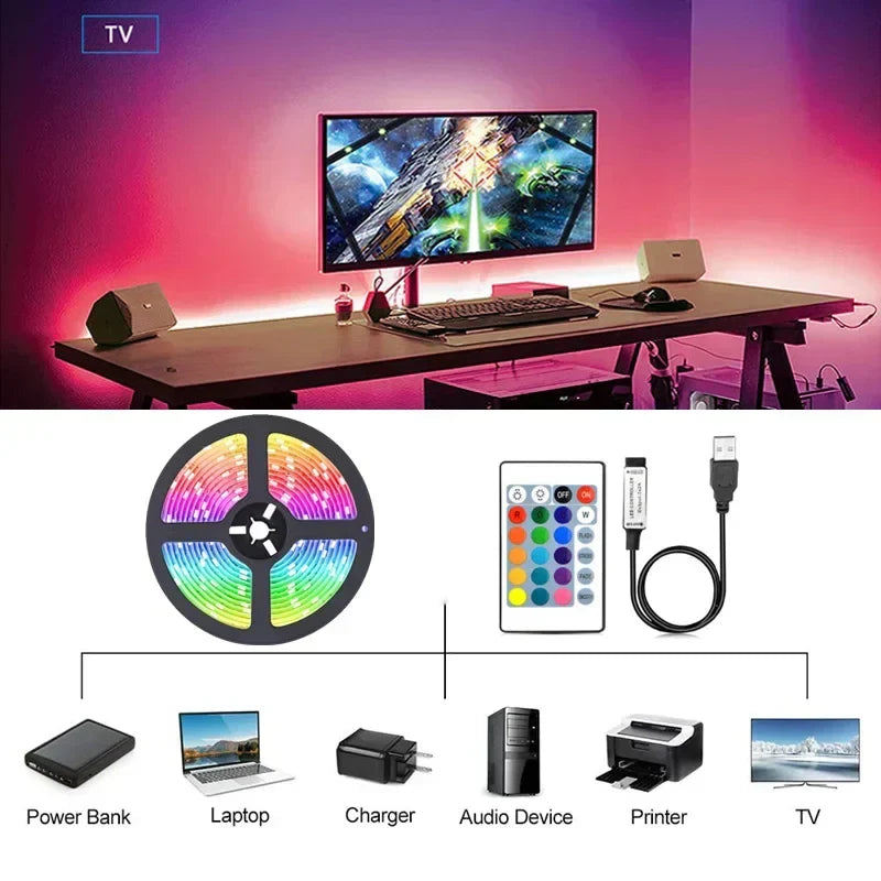 Flexible LED strip lights displaying vibrant green hue for gaming setup and bedroom decor