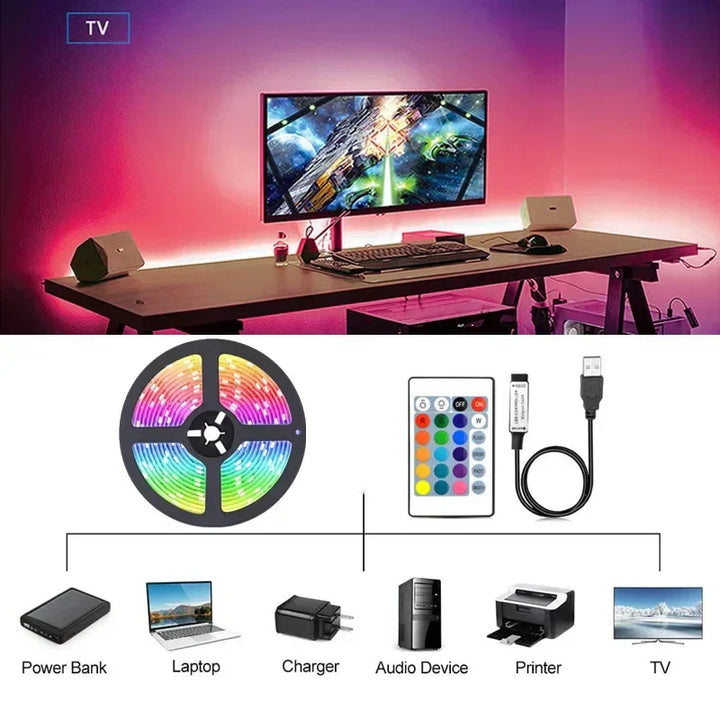 Flexible LED strip lights displaying vibrant green hue for gaming setup and bedroom decor