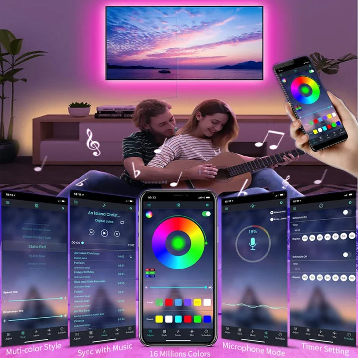 Multi-color gradient effect on the flexible RGB LED strip light spool for home decoration