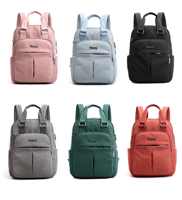 Travel backpack securely attached to luggage trolley handle using strap