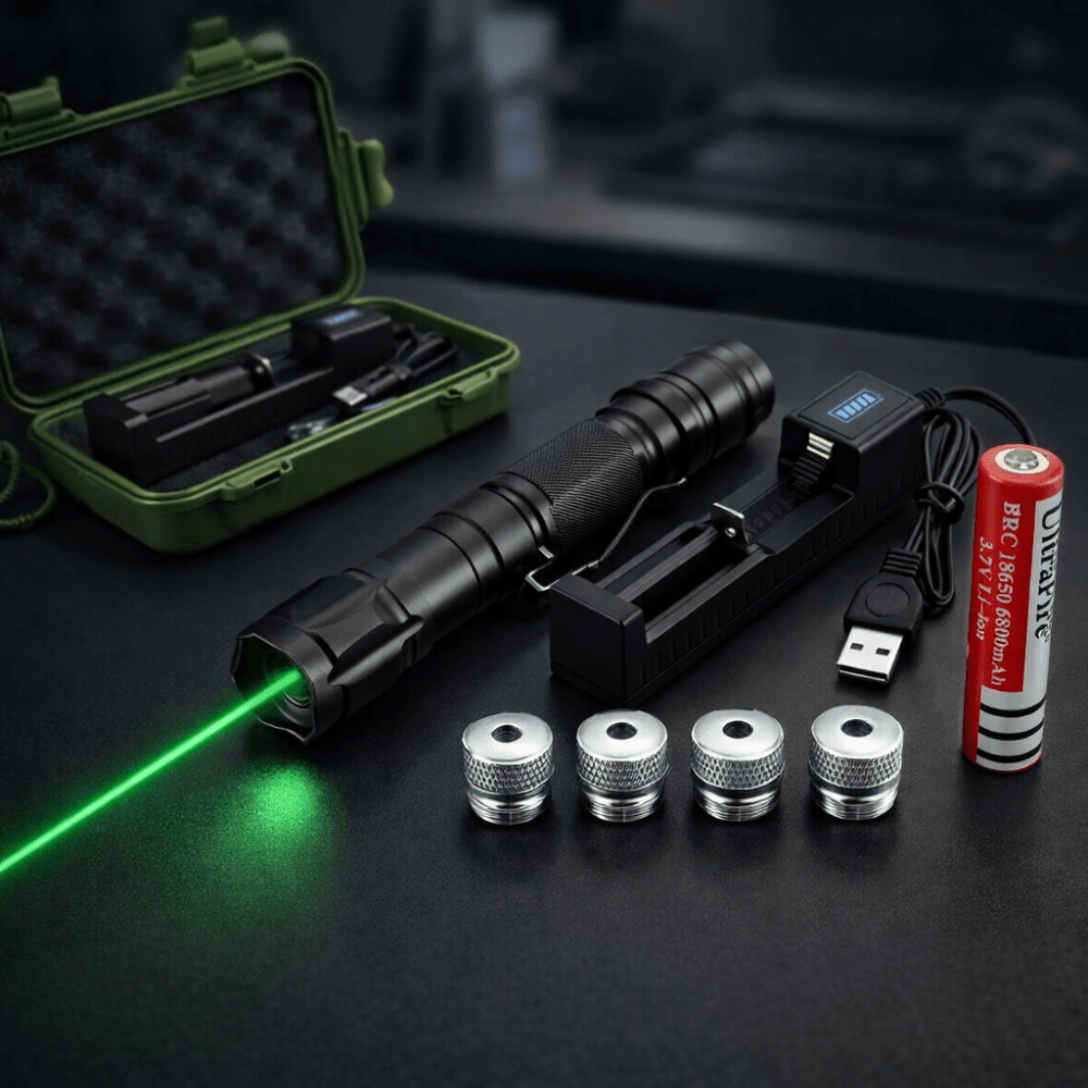 Black USB rechargeable green laser pointer with charging dock, battery, and multiple screw-on pattern caps next to a green st
