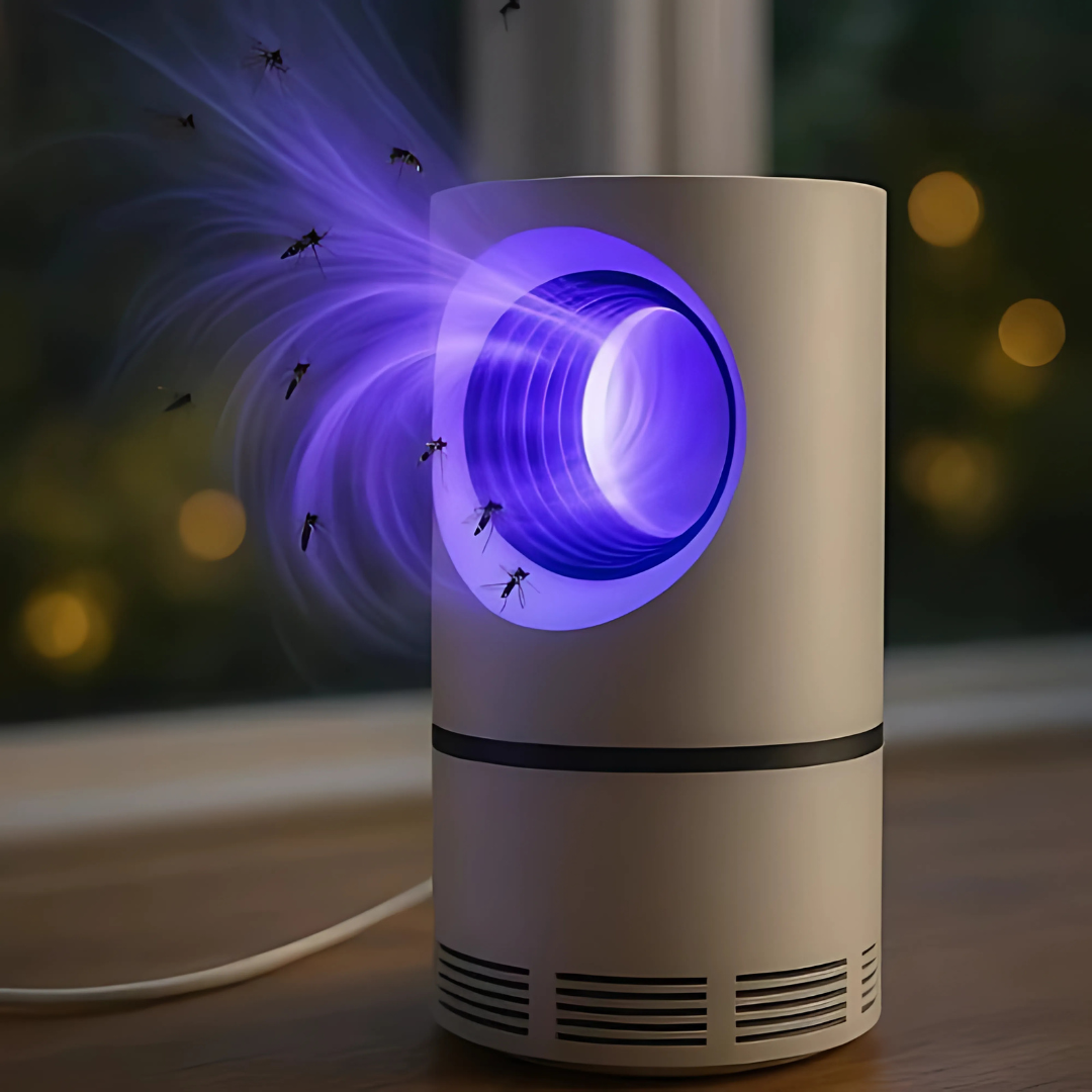 Electric UV insect killer lamp glowing with purple light on a table