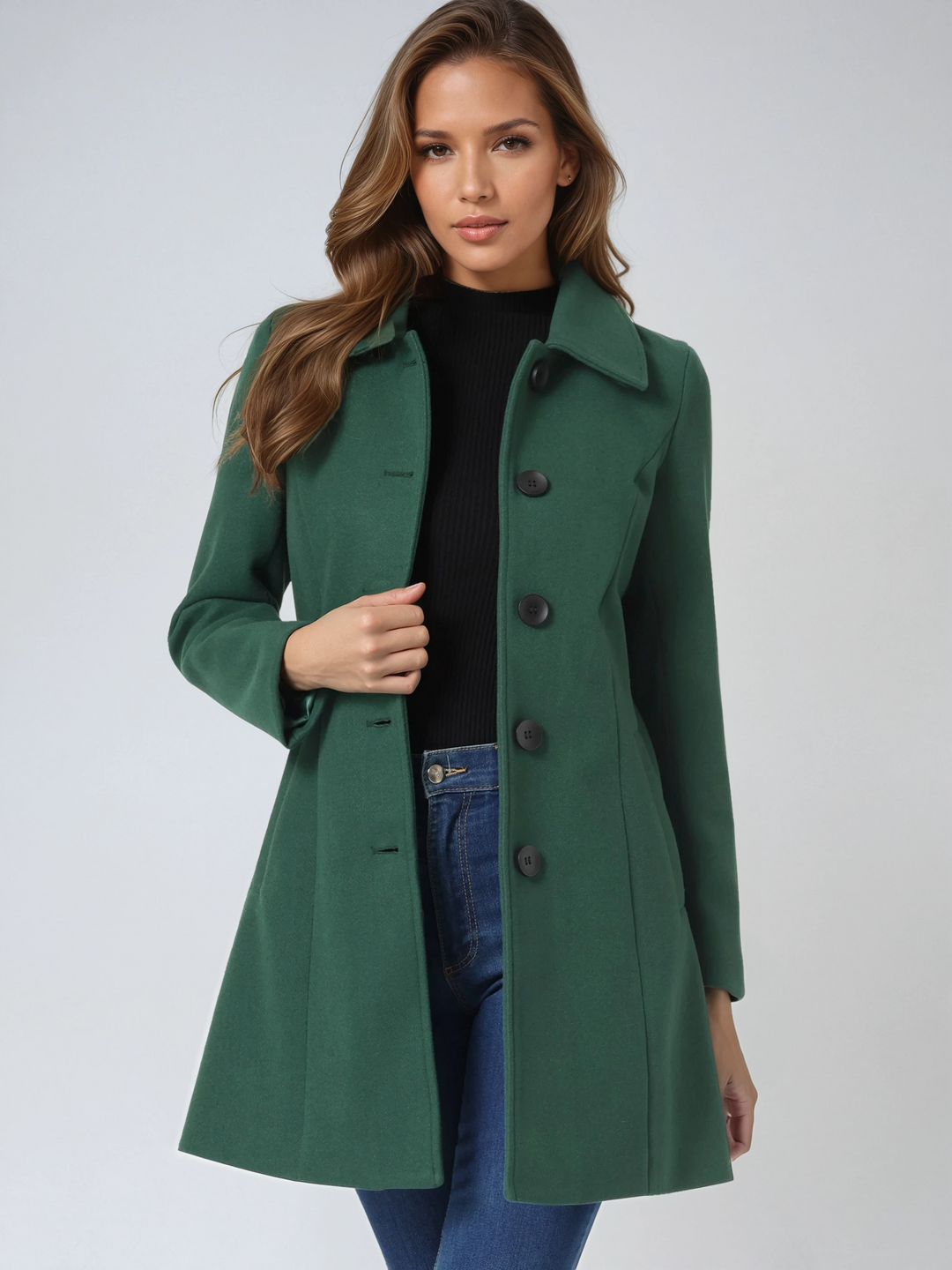 Collar and lapel detail of women's classic winter outerwear