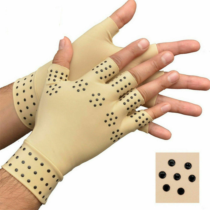 Detailed view of wrist support on black therapeutic compression gloves