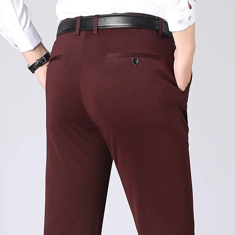 Close up of mens formal pants featuring durable and flexible material