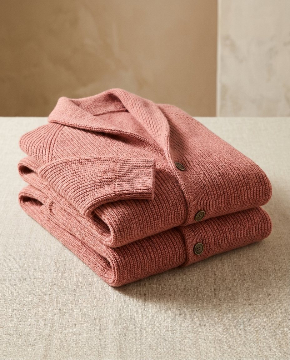 Folded womens knit shawl collar cardigan ready for packing