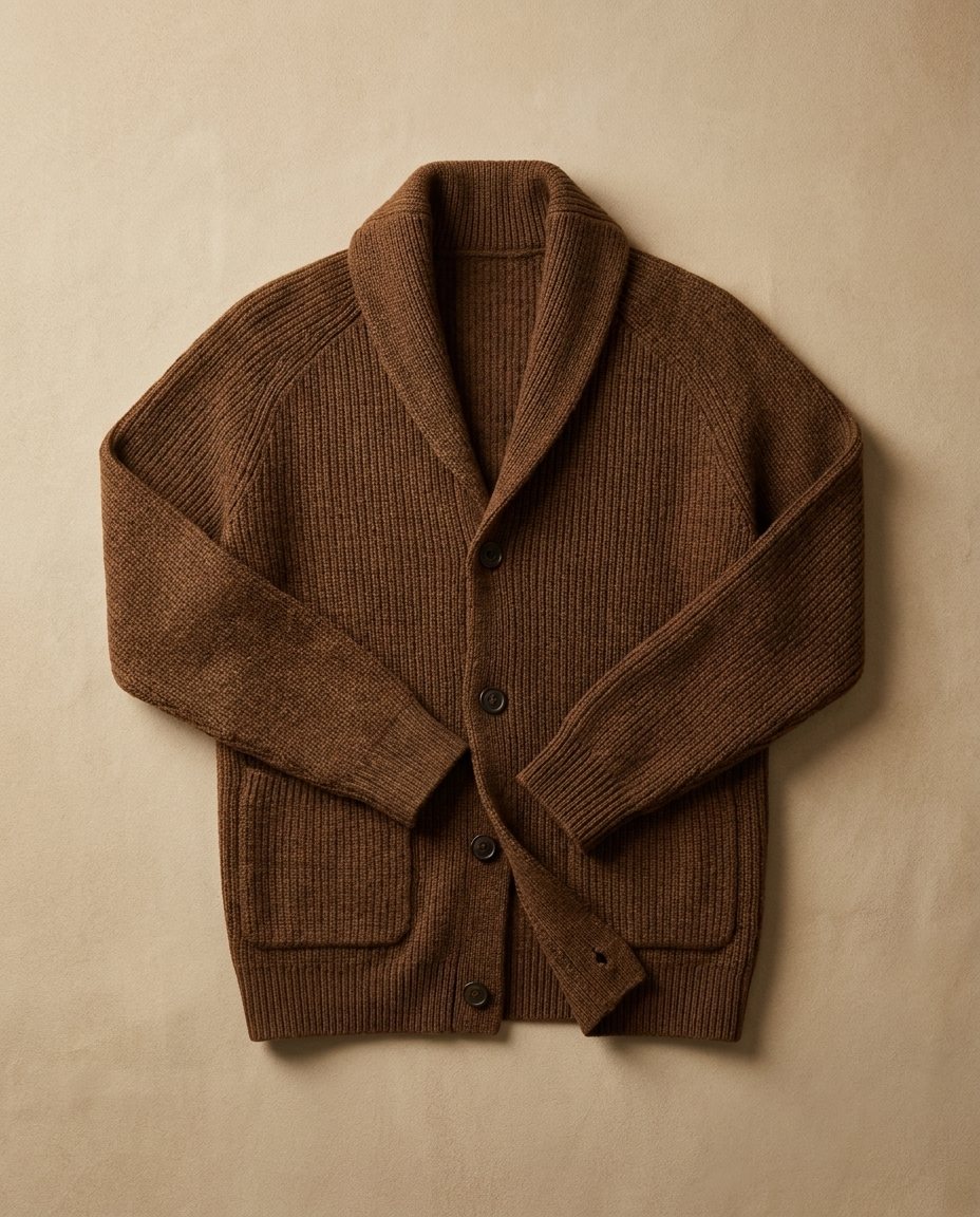 Brown knit cardigan displayed flat on a neutral background
