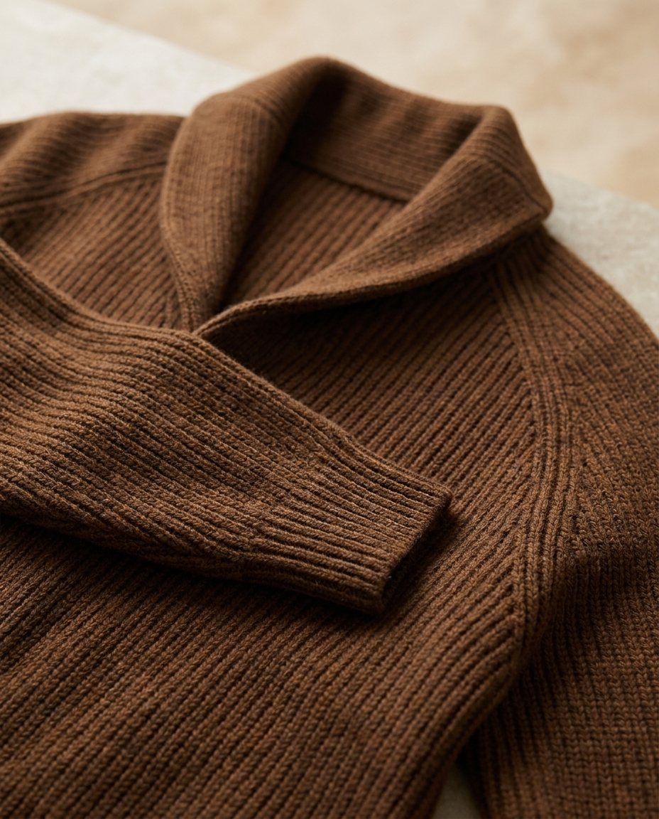 Close-up of the textured knit fabric and sleeve cuff on the brown cardigan
