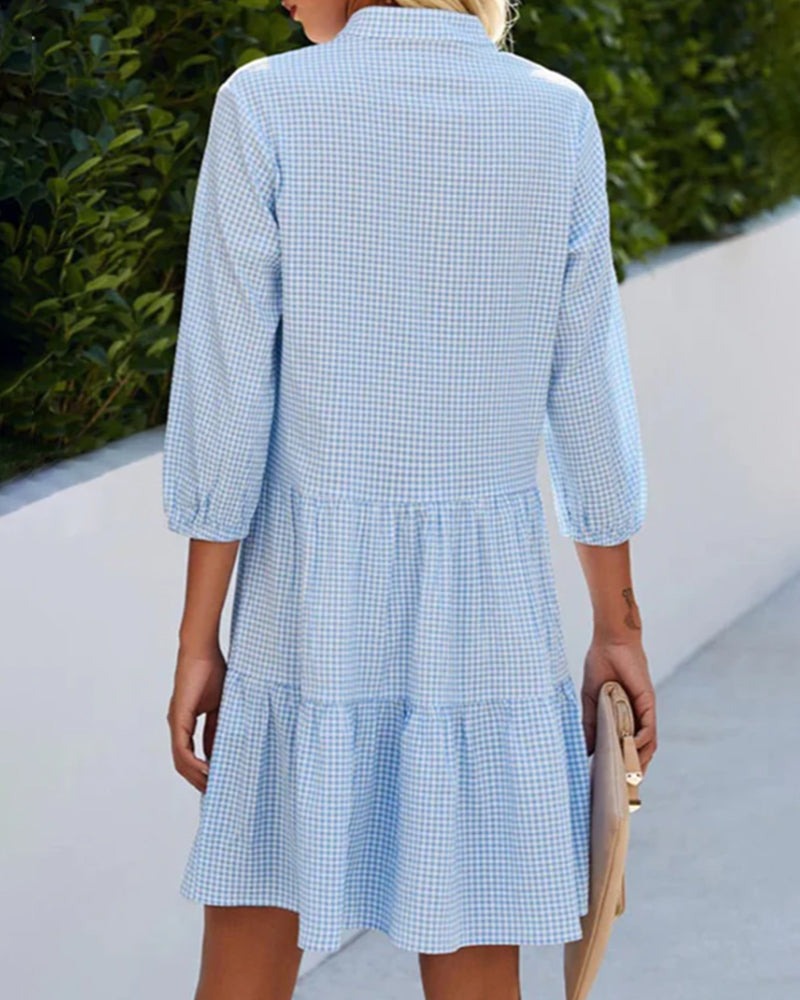 Women's blue button-front summer dress, stylish tiered casual apparel