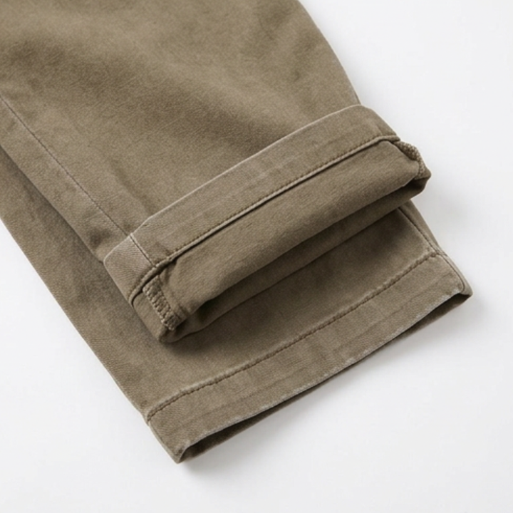 Khaki workwear pants for women laid flat for details