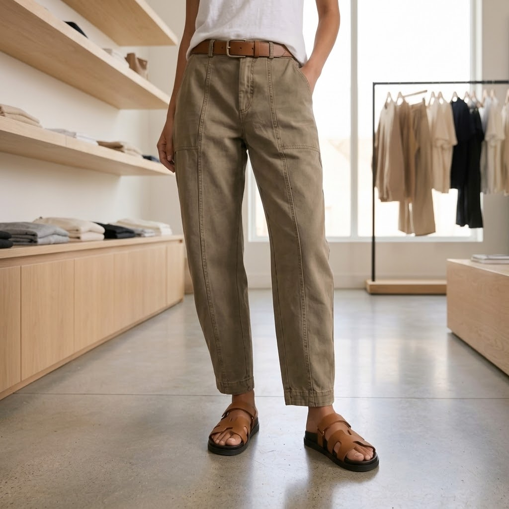 Angled view of high waist tapered pants in neutral khaki