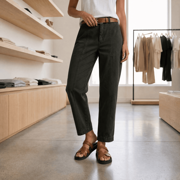 Model wearing women utility pants in a lifestyle setting
