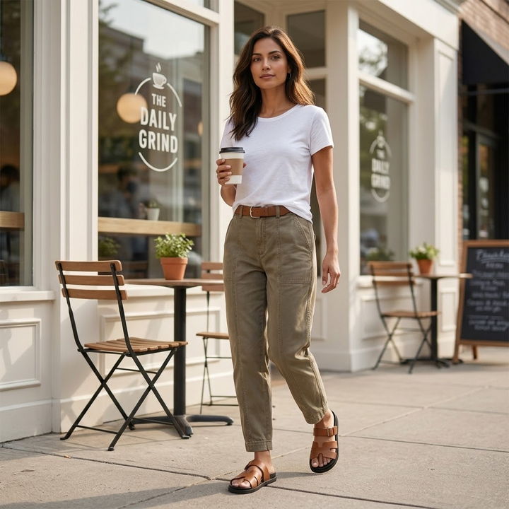 Full length view of woman in khaki utility pants holding coffee cup outside